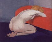 Nude Kneeling against a red sofa, Felix Vallotton